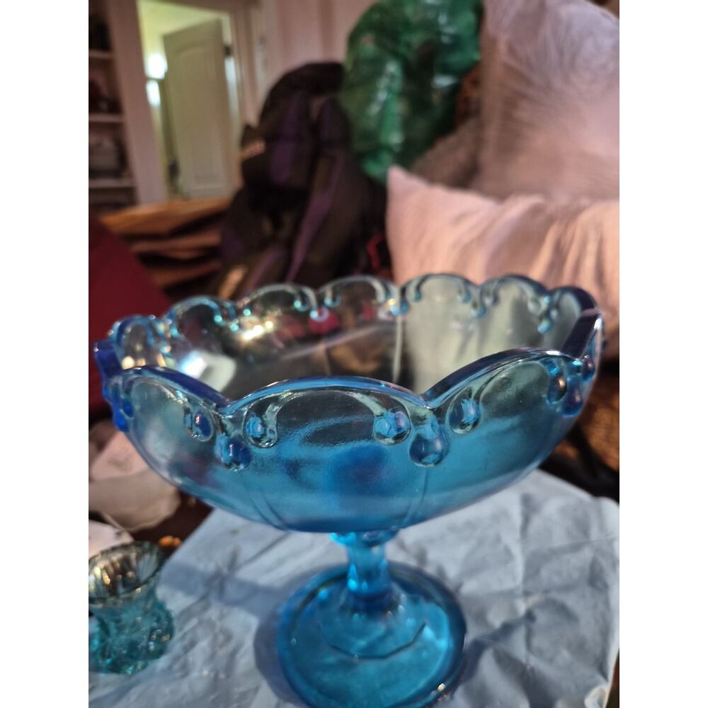 Vintage Indiana Glass Garland Teardrop Aqua Compote Fruit Pedestal BlueBowl